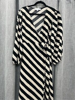 Emma & Michele Black and Cream Diagonal Stripe Wrap Dress